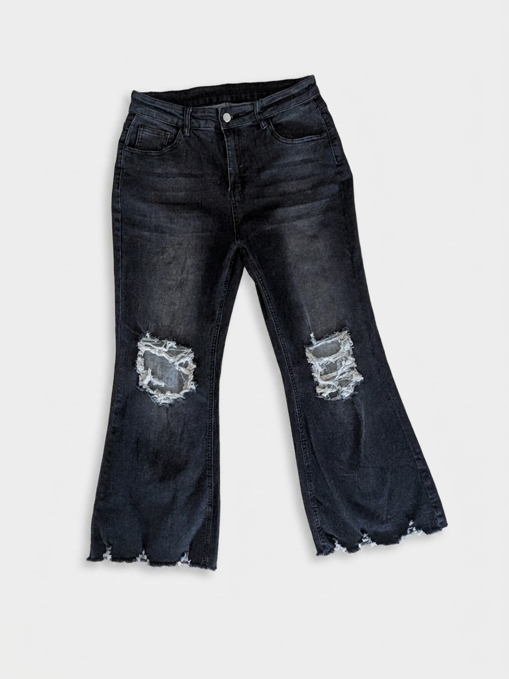 Black Distressed Knee-Rip Wide-Leg Women’s Jeans